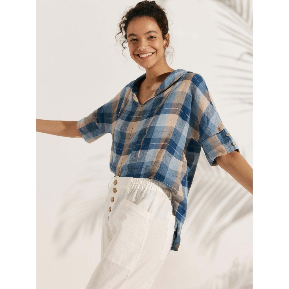 LINTICO Women's Sierra Linen Shirt M Ocean Sunset Plaid V-Neck Short Sleeve Top